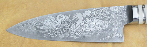 6 inch Chef's Knife with 'Swans' Etching and African Blackwood Handle