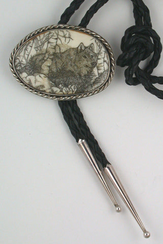 Bolo Tie with Wolf Scrimshaw.