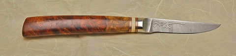 3 inch Paring Knife with Plain Etched Blade and Amboyna Burl Handle.