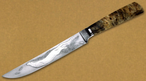 8 inch Carving Knife with Custom Etching of River Otter and Friends.