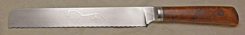 8 inch Bread Knife with 'Celtic Horse' Etching and Ironwood Burl Handle.