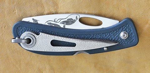 Boye Cobalt Sheepsfoot Lockback Folding Pocket Knife with "String of Whales" Laser Engraving, Marlin Spike & Blue Handle.