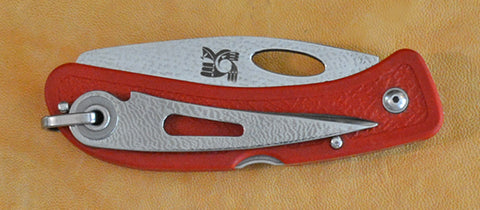 Boye made Cobalt Sheepsfoot Lockback Folding Pocket Knife with Hawk Rainbird Laser Engraving, Marlin Spike & Red Handle.