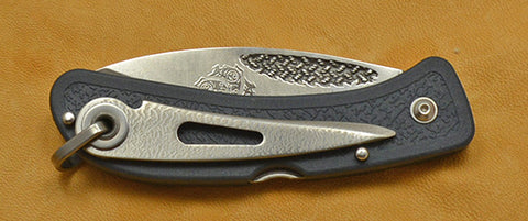 Boye Basketweave Lockback Folding Pocket Knife with 'Haida Fish' Etching, Blue Zytel Handle, & Marlin Spike - 2.