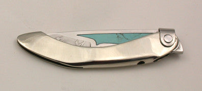 Boye Mini-Tweezerlock Folding Knife with 'Koi' Etching & Turquoise Inlay.