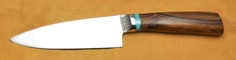 6 inch Chef's Knife with Original Dendritic Cobalt Blade, Cast Dendritic Pattern, and Turquoise/Desert Ironwood Handle.