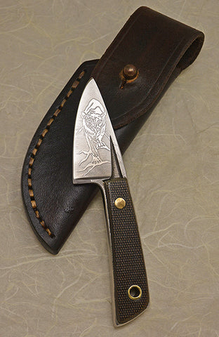 Boye Basic 1 with 'Cougar' Etching, Micarta Handle and Leather Sheath.