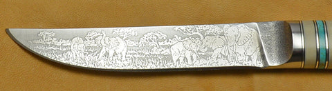 4.5 inch Kitchen Utility Knife with 'Elephants' Etching and Buckeye Burl Handle.