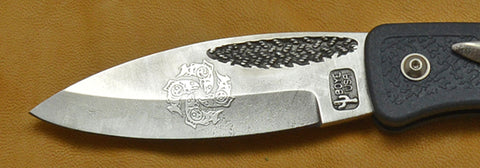 Boye Basketweave Lockback Folding Pocket Knife with 'Haida Fish' Etching, Blue Zytel Handle, & Marlin Spike - 2.