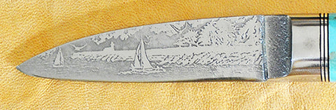 2.5 inch Persona Paring Knife with 'Lighthouse and Sailboats' Etching and Blackwood Handle.