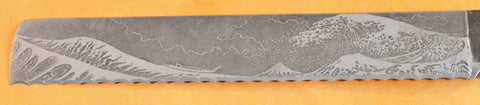 8 inch Bread Knife with 'Tsunami' Etching and Buckeye Burl Handle.