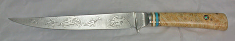 8 inch Filet Knife with 'Dolphins' Etching.