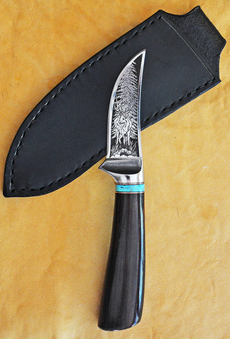 3 inch Trailing Point Skinner with Dendritic Cobalt Blade, Laser Engraved Elk and Inscription & Cocobolo Handle.