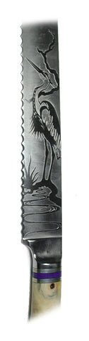 8 inch Bread Knife with 'Heron' Etching.