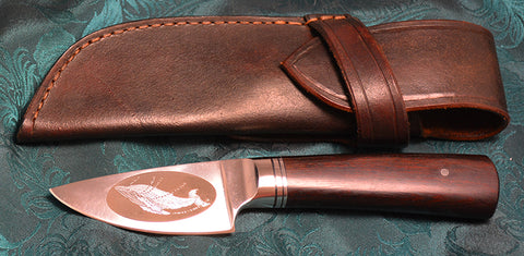 3 inch Dropped Edge Utility Knife with Dendritic Cobalt Blade, Laser Engraved Humpback Whale, and Desert Ironwood Handle.