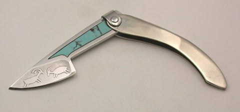 Boye Mini-Tweezerlock Folding Pocket Knife with 'Goats' Etching & Turquoise Inlay.
