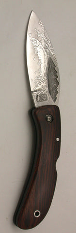 Boye Custom Mountain Lockback Folding Knife with 'Trout' Etching and Cocobolo Handle.