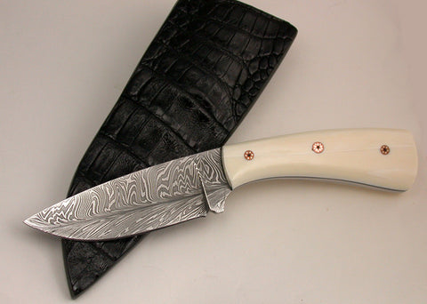 Oz Knives 4 inch Damascus Drop Point with Fossil Walrus Handle.