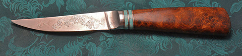 4.5 inch Kitchen Utility/Filet Knife with 'School of Fish' Etching and Amboyna Burl Handle.