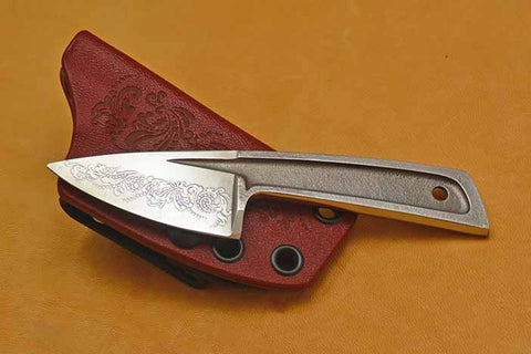 Boye Basic 1 with 'Scroll' Etching and Red Kydex Sheath with Laser Design.