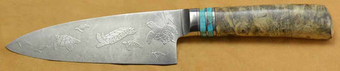 6 inch Chef's Knife with 'Sea Turtles' Etching and Buckeye Burl Handle.
