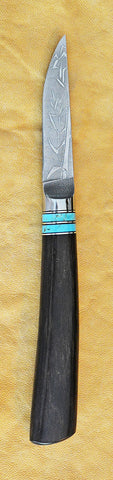 3 inch Paring Knife with 'Single Stalk Bamboo' Etching and African Blackwood Handle.