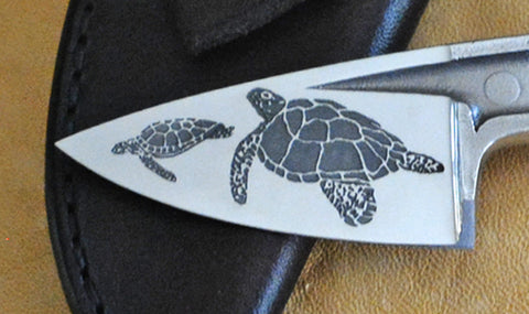 Boye Basic 1 Cobalt with Sea Turtles Laser Engraving & Leather Flap Sheath.