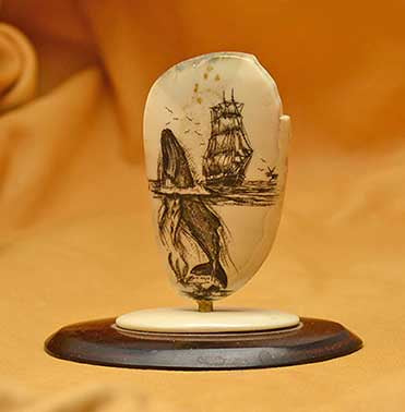 ADA Studio Cocobolo and Mammoth Stand with Fossil Walrus with Whale & Sailing Ship Scrimshaw