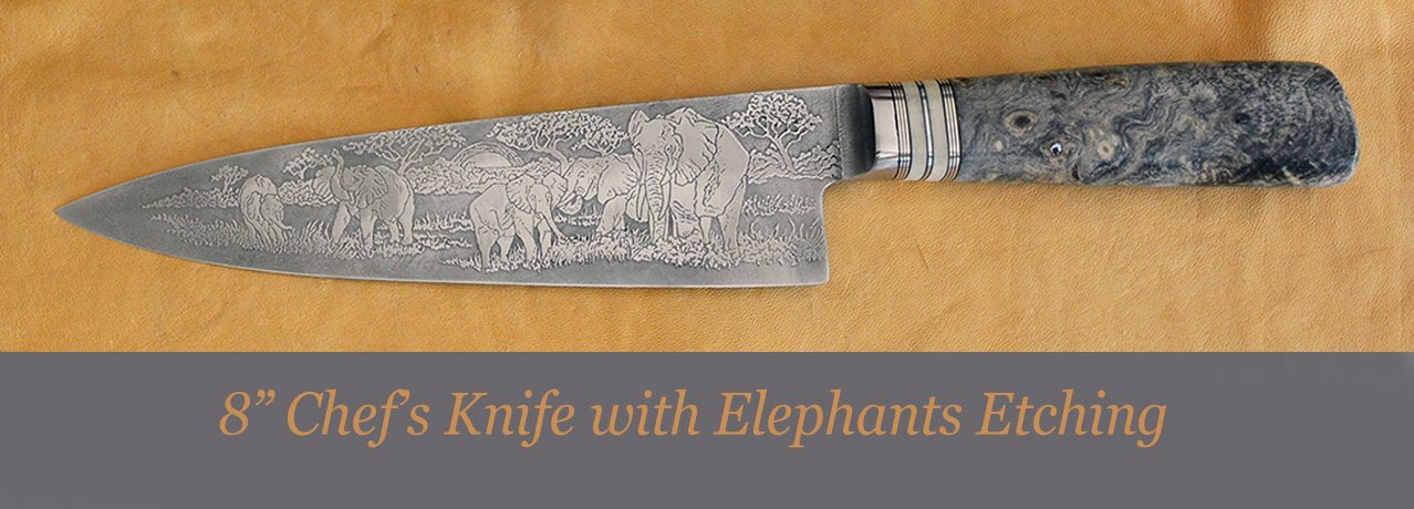 8" Chef's Knife with Elephants Etching and Buckeye Burl Handle       H andled