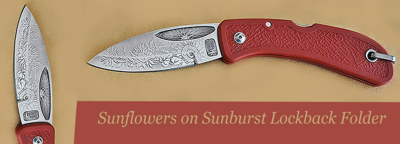 Sunburst Lockback Folder with Sunflowers Etching.  Red handle