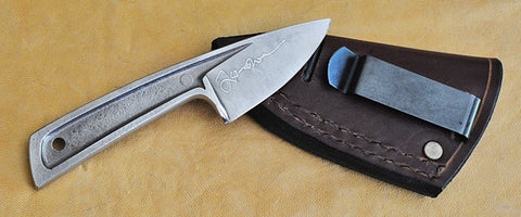 Boye Basic 1 with 'Seated Hawk' Etching and Leather Sheath with Clip for Belt, Boot or Pocket.