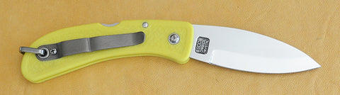 Boye Cobalt Sunburst Lockback Folding Pocket Knife with Yellow Handle.