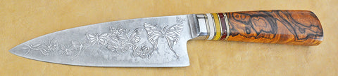 6 inch Chef's Knife with 'Butterflies and Friends' Etching and Exhibition Desert Ironwood Handle.