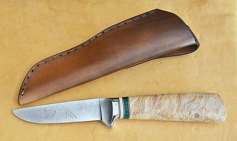 4 inch Dropped Point Hunter with 'Celtic Horse' Etching and Buckeye Burl Handle.