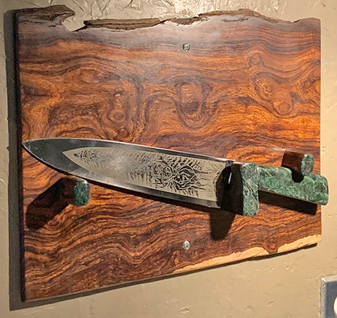 10 inch Cobalt Chef's Knife with 'Wapiti Elk' Laser Engravings and Jade/Turquoise Handle.