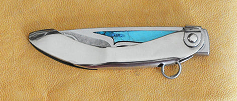 Boye Mini-Tweezerlock Folding Knife with 'Celtic Horse' Etching & Turquoise Inlay.