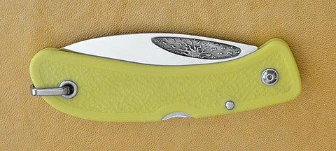Boye Cobalt Sunburst Lockback Folding Pocket Knife with Yellow Handle.