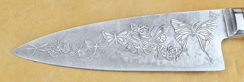 6 inch Chef's Knife with 'Butterflies and Friends' Etching and Exhibition Desert Ironwood Handle.