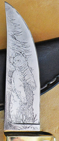 David Boye-made L6 Sawblade Steel 4" Hunter/Skinner with Standing Grizzly Custom Etching, circa 1977.