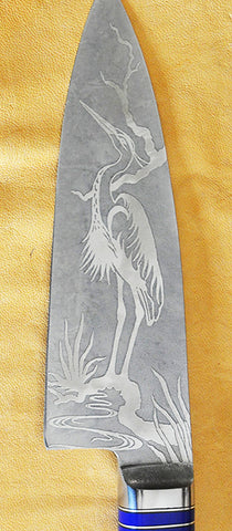 6 inch Chef's Knife with 'Heron' Etching and Buckeye Burl Handle.
