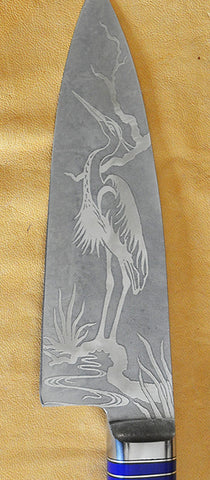 6 inch Chef's Knife with 'Heron' Etching and Buckeye Burl Handle.