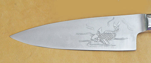 David Boye-made 6 inch Chef's Knife Boye-made with 'Koi' Etchings~front & back~and Cocobolo Handle.