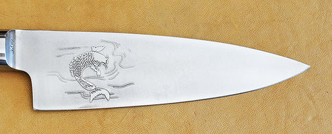 David Boye-made 6 inch Chef's Knife Boye-made with 'Koi' Etchings~front & back~and Cocobolo Handle.