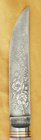 4.5 inch Kitchen Utility Knife with 'Wild Roses' Etching and Amboyna Burl Handle.