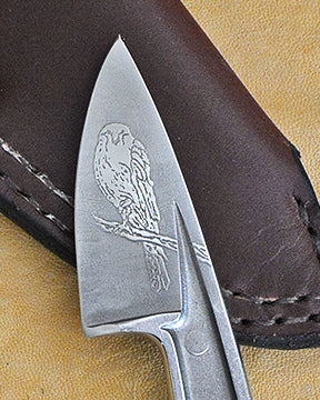 Boye Basic 1 with 'Seated Hawk' Etching and Leather Sheath with Clip for Belt, Boot or Pocket.
