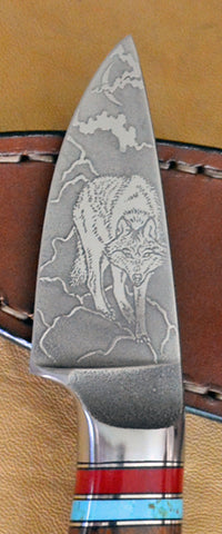 3 inch Dropped Edge Utility Knife with 'Wolf' Etching.