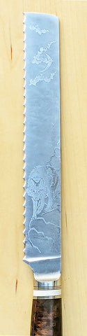 8 inch Bread Knife with 'Wolf' Etching and Exhibition Desert Ironwood Handle.