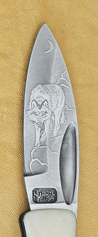 Boye Custom Prophet Lockback Folding Knife with 'Wolf' Etching.