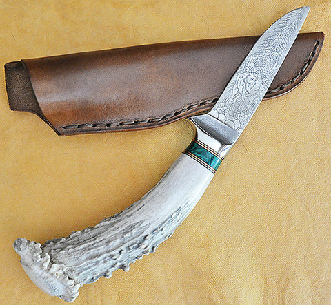 4 inch Dropped Point Hunter with 'Wapiti Elk' Etching and Stag Handle. (Copy)