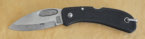 Boye Bow Hunter Lockback Folding Pocket Knife with 'Goats' Etching and Black Zytel Handle.